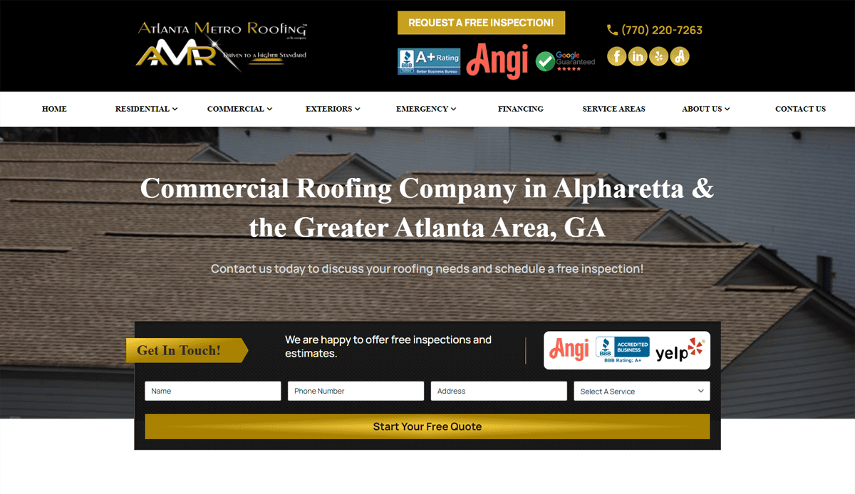Screenshot of Atlanta Metro Roofing’s Commercial Roofing Website Design featuring contact info, a Request a Free Inspection button, Angi and Yelp logos, and a form to request a free quote—perfect for generating local leads over an image of shingled rooftops.