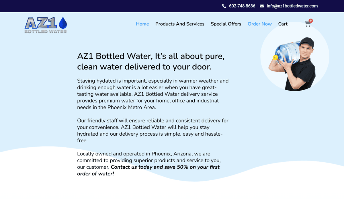 Website banner for AZ1 Bottled Water shows a man carrying a large water bottle. The text promotes clean water delivery in Phoenix, features a special 50% off first order, and highlights user engagement on this beverage distributor website design.