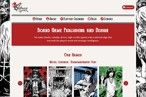Screenshot of Balthazar Games’ website. The homepage features Balthazar Games’ signature red and white color scheme, navigation bar, a description of their board games, and illustrated cards from “Metal Legends: Dismemberment Fest.”.