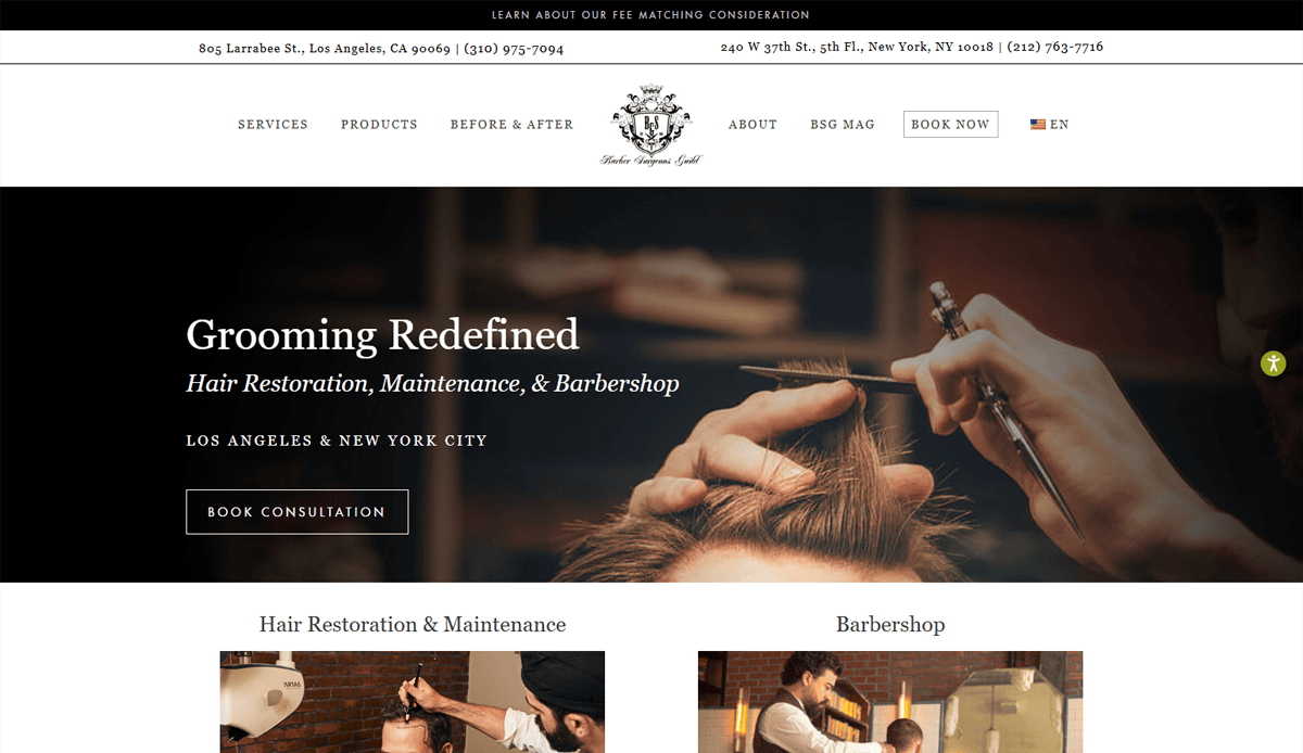 Website homepage for a barber shop website and hair restoration business, featuring navigation tabs, a logo, locations in LA and NYC, and a main banner showing a man getting a haircut with the text “Grooming Redefined.”.