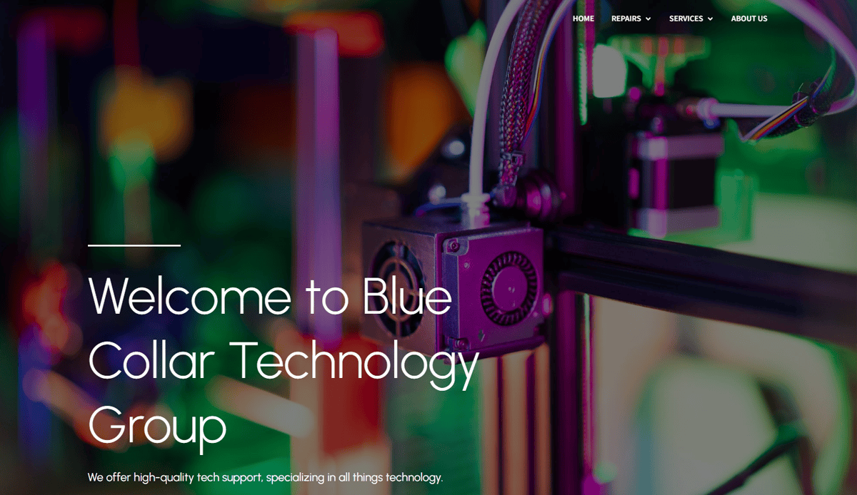 A close-up of a 3D printer with colorful lights in the background. Overlaid text reads: “Welcome to Blue Collar Technology Group—your 2025 destination for high-quality tech support, computer repair, and expert website design.” Navigation menu at top.