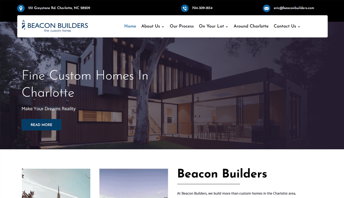 Website homepage for Beacon Builders showcasing a modern house at dusk, navigation menu, company logo, contact info, and tagline Fine Custom Homes In Charlotte—a high-converting portfolio website design for carpenters. Includes a Read More button.