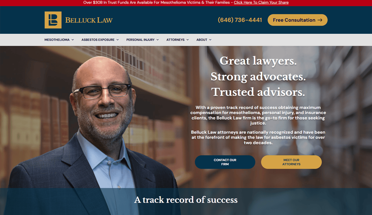 A smiling man in glasses and a suit stands in front of the Belluck Law attorney website design, which advertises legal services for mesothelioma and personal injury, featuring SEO-focused contact options and a free consultation button to drive conversions.
