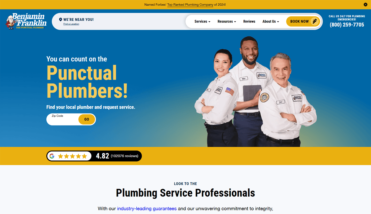 A Plumbing Website Design for Benjamin Franklin Plumbing features three smiling plumbers in uniform, a headline reading You can count on the Punctual Plumbers!, and a search bar. The header includes a phone number and booking button—perfect for high-conversion websites.