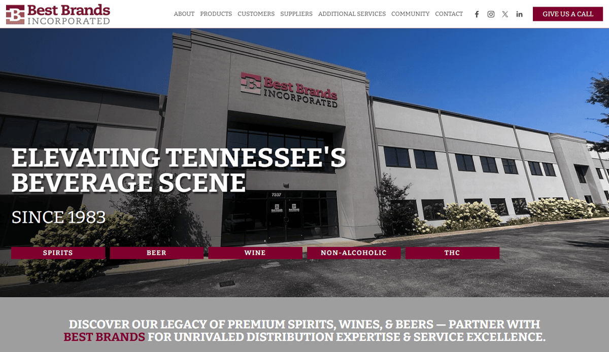Front view of Best Brands Incorporated office building with company logo above the entrance. Overlay text reads Elevating Tennessee’s Beverage Scene Since 1983, highlighting their role as a leading beverage distributor, with navigation for spirits, beer, wine, and more.