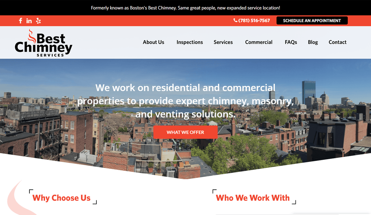 Screenshot of the Best Chimney Services homepage, showcasing a cityscape, navigation menu, contact info, and a headline about residential and commercial solutions—an effective chimney cleaner website design built to attract local leads and build trust online.