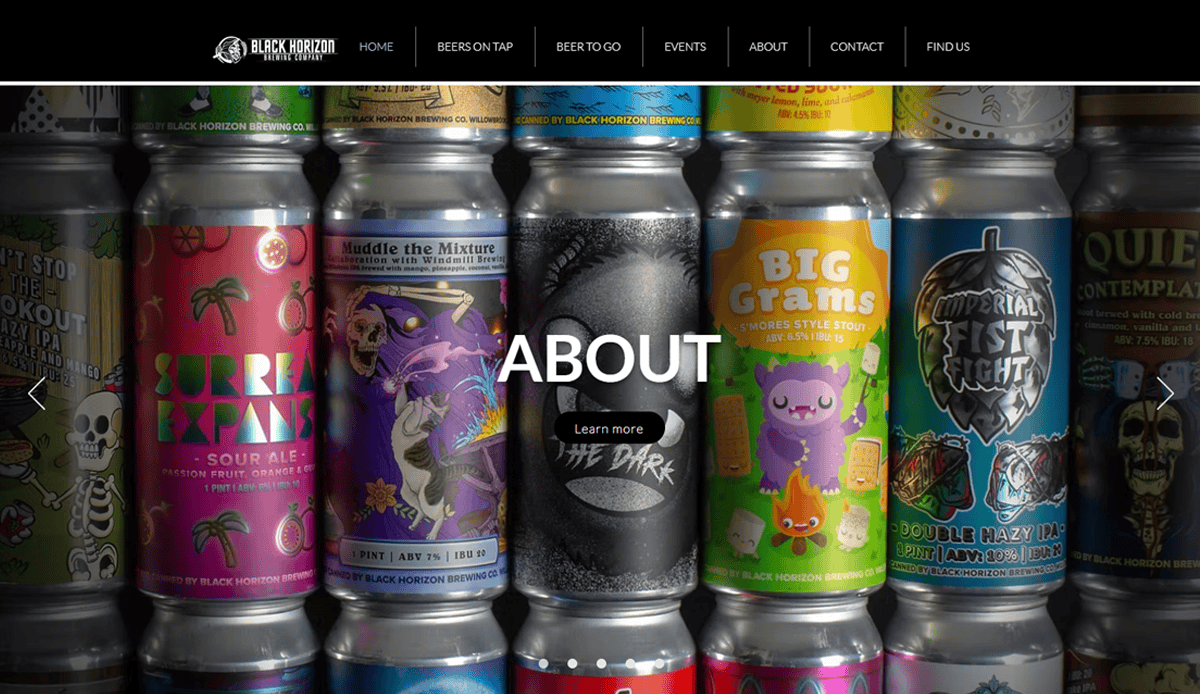A row of colorful craft beer cans with illustrated labels is displayed closely together, highlighting modern Brewery Website Design. The text ABOUT and Learn more appear in the center, with a navigation menu at the top of the image.