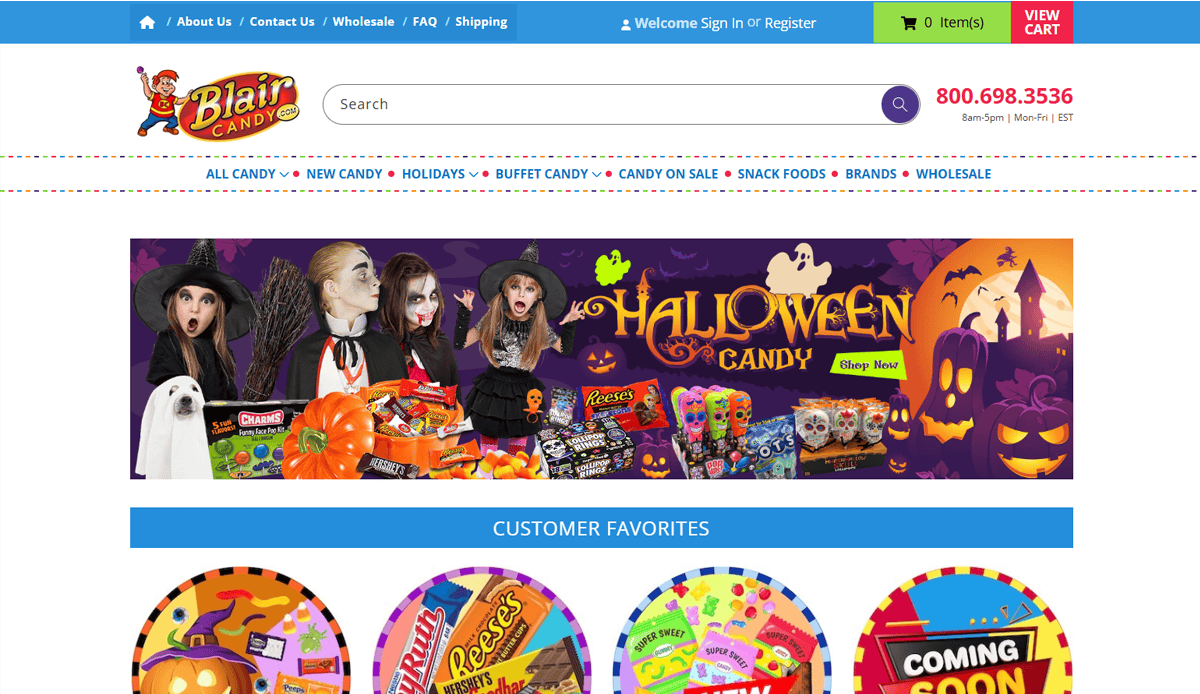 Screenshot of Blair Candy’s homepage showcases standout candy website design with a Halloween banner featuring people in costumes, candy packs, and pumpkin graphics. The navigation bar, search bar, and customer favorites boost its online presence.