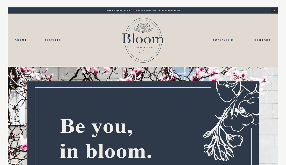 A client-centered website homepage for Bloom Counseling featuring a floral logo, navigation links, and the message “Be you, in bloom,” with floral illustrations and pink blossoms in the background.