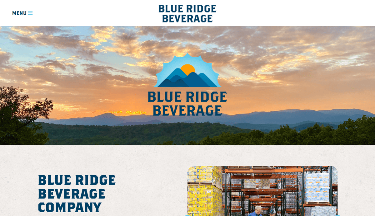 Website header for Blue Ridge Beverage, a leading beverage distributor, features a mountain logo over a scenic sunset. Below, "Blue Ridge Beverage Company" appears above a warehouse image—an inviting website design that highlights quality and professionalism.