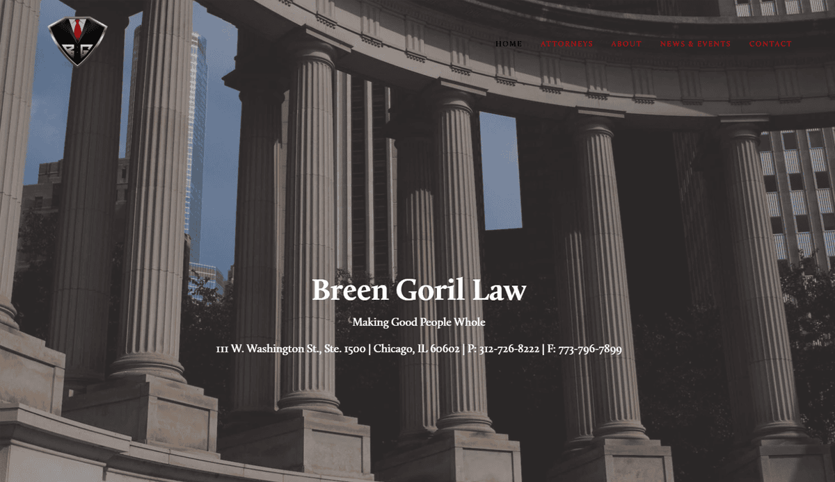 A law firm's website homepage featuring tall stone columns in the background, "Breen Goril Law" text, contact info, and navigation links at the top—an attorney website design focused on conversions and optimized for SEO.