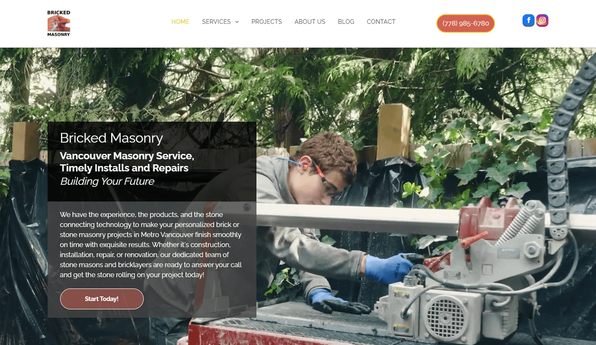 A man wearing safety glasses and gloves operates a masonry saw outdoors, cutting stone with trees behind him. Overlay text highlights Bricked Masonry’s Vancouver services—ideal for those seeking to attract local leads or build trust online.