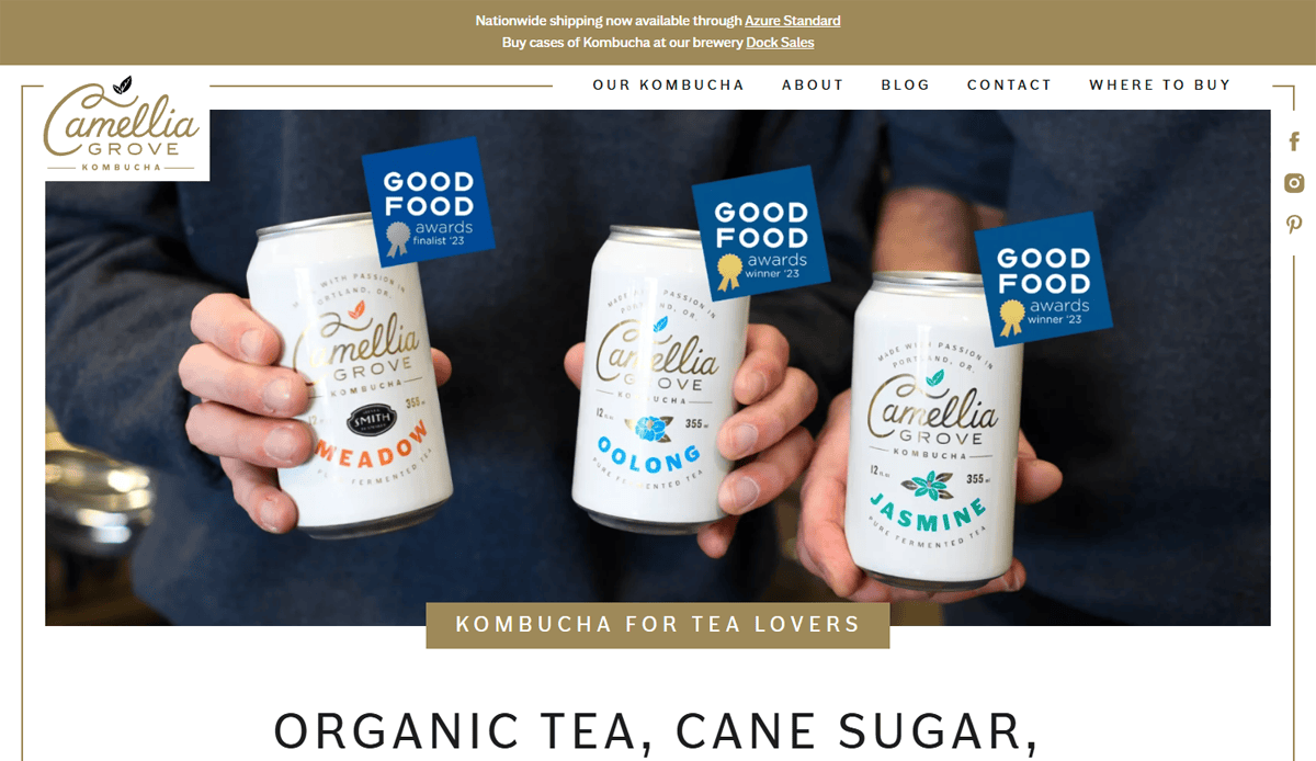 Three people hold cans of Camellia Grove kombucha—Meadow, Oolong, and Jasmine—all Good Food Awards winners. The website design highlights kombucha for tea lovers and appeals to beverage distributors seeking quality products.