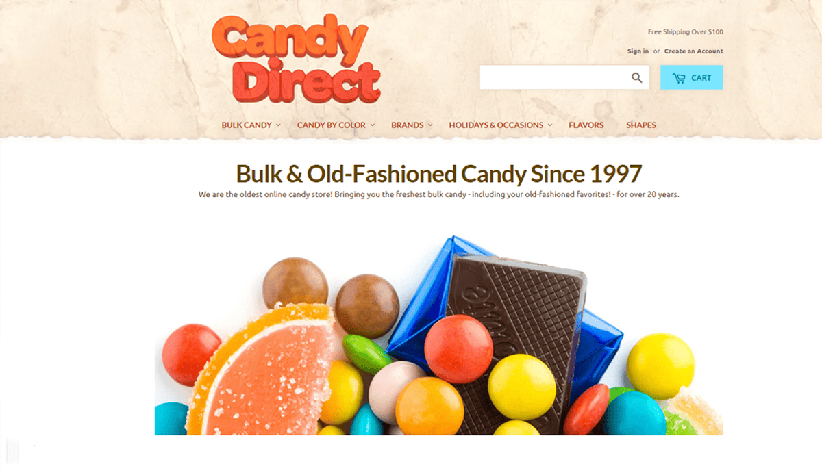 Screenshot of the Candy Direct candy website design homepage, featuring the logo, navigation menu, and a banner image of assorted colorful candies including chocolates and gumballs. The tagline reads, Bulk & Old-Fashioned Candy Since 1997.