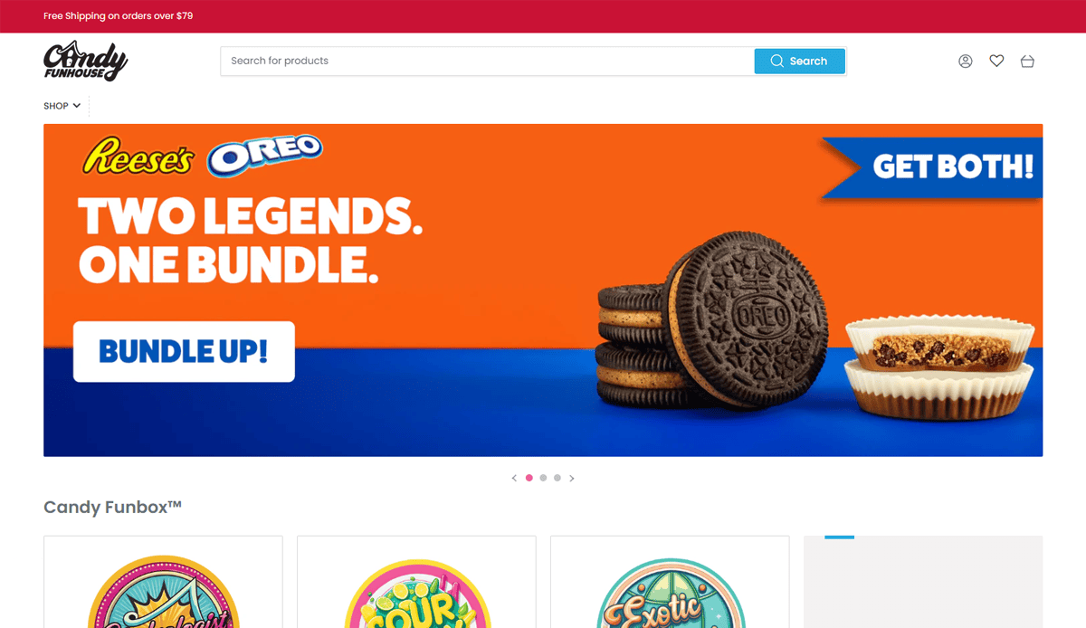 Screenshot of the Candy Funhouse homepage showcases impressive Candy Website Design, with a banner ad for Oreo cookies and Reese’s peanut butter cups bundle. Below, a grid layout highlights products, boosting their online presence.