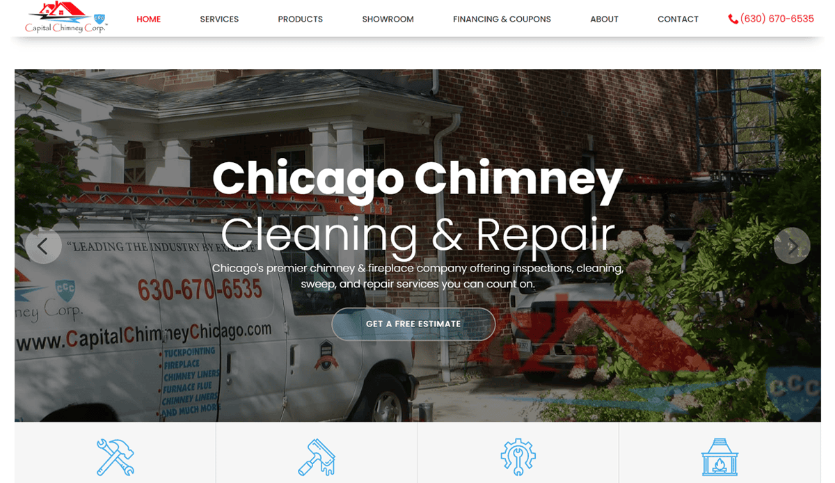 Homepage of Capital Chimney Corp featuring a house, company van, and chimney equipment, with text promoting Chicago chimney cleaning and repair. Includes local SEO elements and conversion features like a "Get a Free Estimate" button.