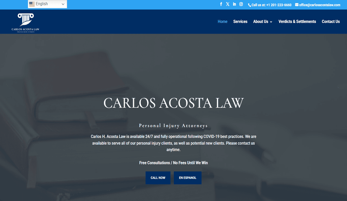 Screenshot of the Carlos Acosta Law homepage, highlighting Attorney Website Design elements like the firm's name, contact info, navigation menu, and details about free consultations for personal injury cases focused on boosting conversions.