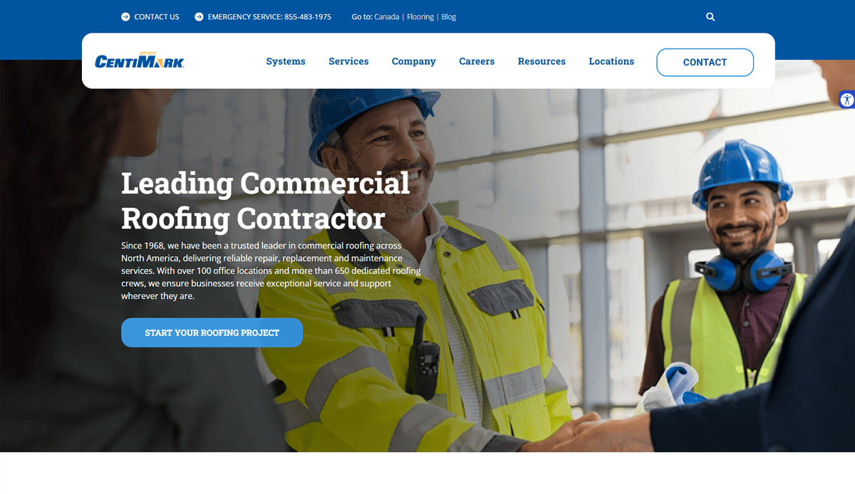 A Commercial Roofing Website Design for CentiMark’s homepage shows workers in safety gear shaking hands and smiling. The text highlights expert strategies for roof repair and maintenance, with navigation links and a contact button to generate local leads.