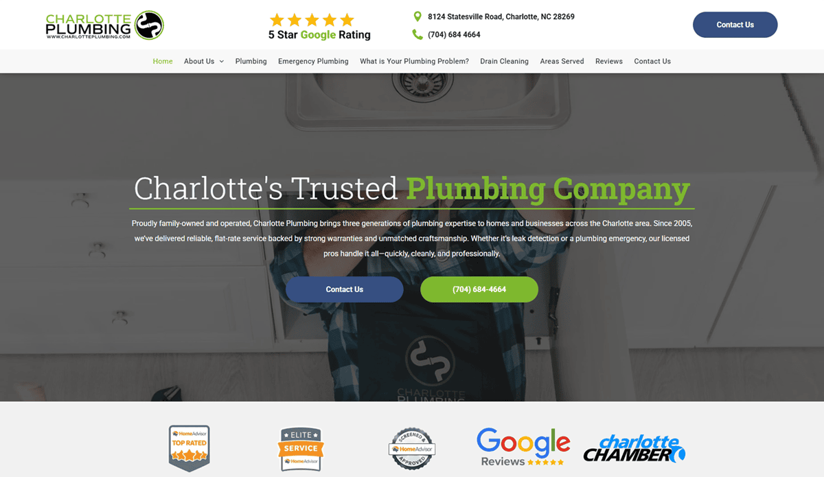 Screenshot of the Charlotte Plumbing website homepage, showcasing a high-conversion Plumbing Website Design with the company’s logo, contact info, and a headline reading “Charlotte’s Trusted Plumbing Company,” plus a green “(704) 684-4644” contact button.