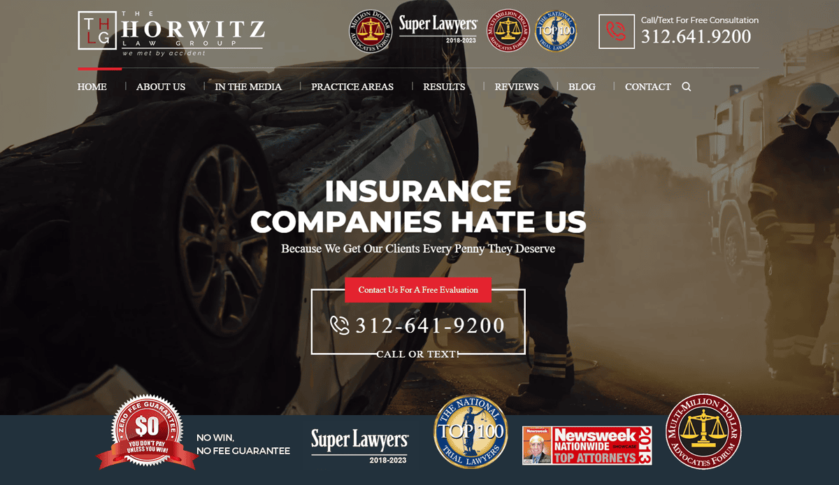 A law firm homepage shows firefighters at a car accident scene. Bold text reads Insurance Companies Hate Us, with contact info, awards, a free evaluation button, and badges—all crafted for high conversions and smart Attorney website design.