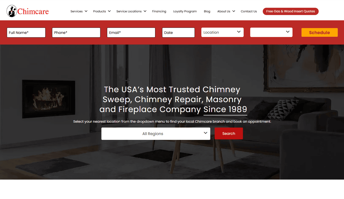 Screenshot of Chimcare’s website homepage showing a booking form at the top and a banner reading, “The USA’s Most Trusted Chimney Sweep, Chimney Repair, Masonry and Fireplace Company Since 1989.”.