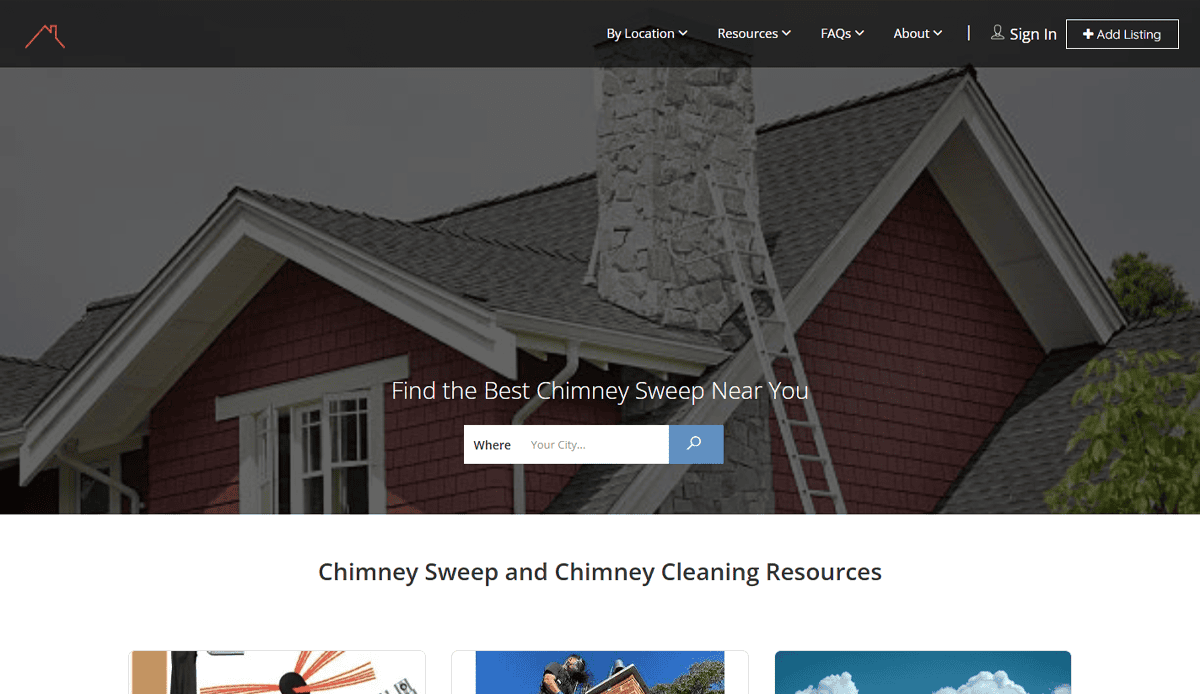 A website homepage shows a red house with a large stone chimney and a ladder leaning against it. The page offers a search bar to find chimney sweep services and cleaning resources below.