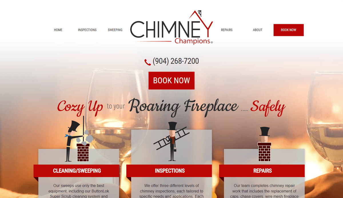 Website homepage for Chimney Champions, featuring their logo, navigation menu, contact number, a prominent Book Now button, and sections for cleaning, inspections, and repairs with cartoon chimney sweeps to attract local leads and build trust online.