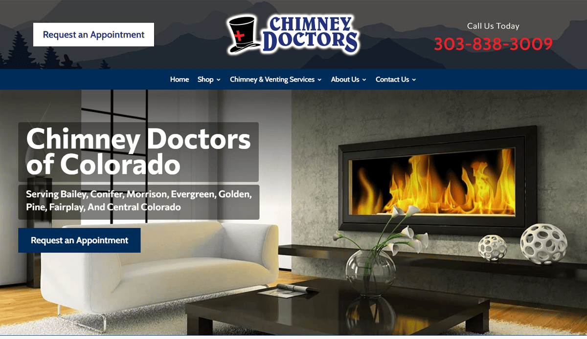 Screenshot of the Chimney Doctors chimney repair website design homepage featuring a modern living room with a lit fireplace, company logo, contact number, service list, and conversion features like a “Request an Appointment” button.