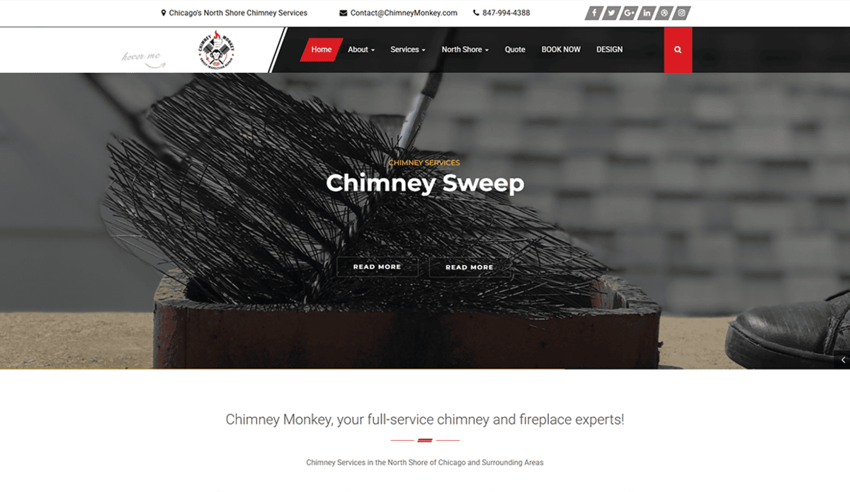 A close-up of a chimney brush on a brick chimney, with the Chimney Monkey header showcasing chimney sweep services. The navigation bar, contact info, and local SEO-friendly chimney repair website design are visible at the top.