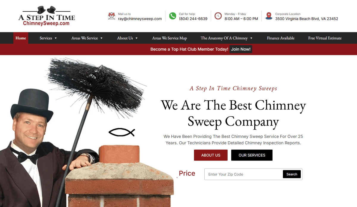 A smiling chimney sweep in a top hat holds a chimney brush next to a brick chimney. The website header reads, We Are The Best Chimney Sweep & Chimney Repair Company. Various service and contact options are displayed.