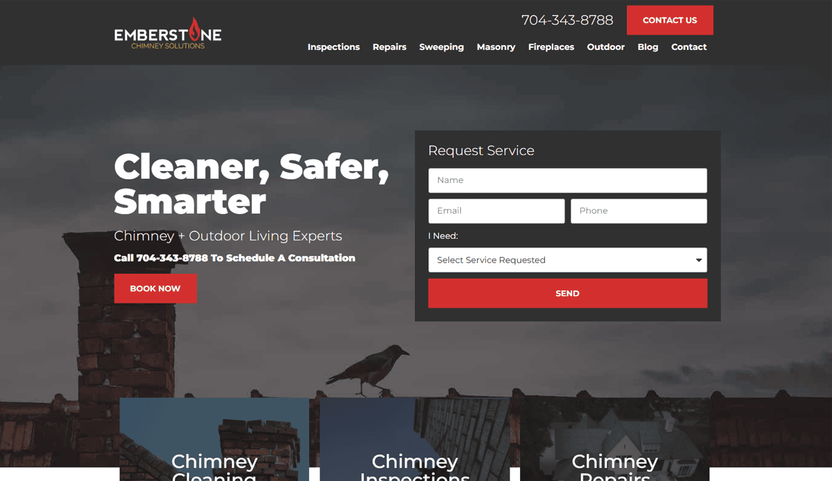 Screenshot of the Emberstone Chimney Solutions homepage, showcasing a chimney repair website design with conversion features like a contact form, Book Now button, and clear navigation—perfect for local SEO and attracting customers seeking chimney services.