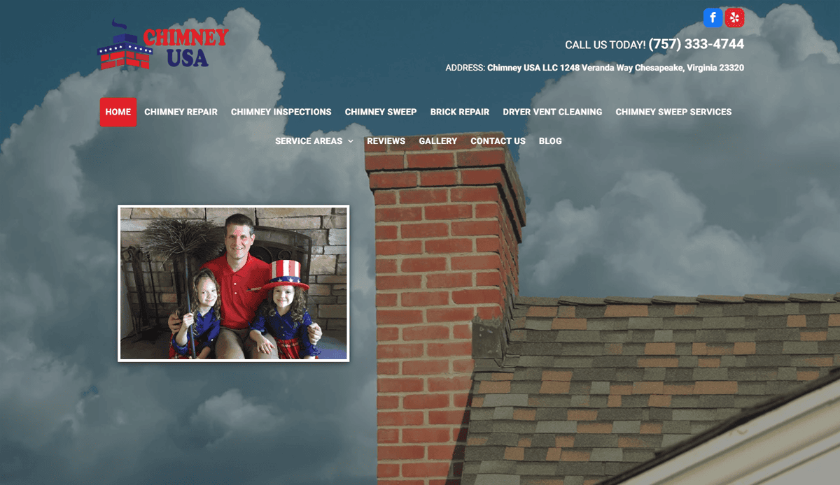 Website homepage for Chimney USA featuring a brick chimney against a cloudy sky. Inset photo shows a smiling family in patriotic clothing. Contact info appears at the top, enhanced with local SEO and AI-ready structure for optimal chimney repair website design.