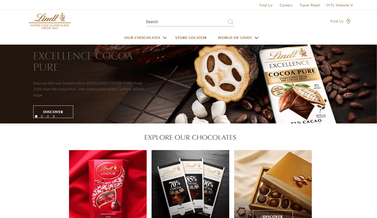 Screenshot of the Lindt chocolate homepage highlights “Excellence Cocoa Pure,” assorted Lindt products, and clear navigation menus, showcasing a premium candy website design and strong online presence.