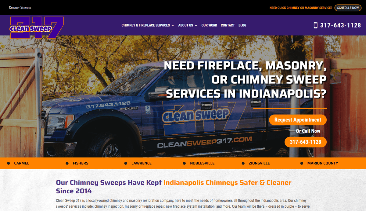 A Clean Sweep 317 truck is parked outside a house. Text over the image promotes fireplace, masonry, and chimney sweep services in Indianapolis, with website header, service area locations, and strong local SEO for chimney repair website design also shown.