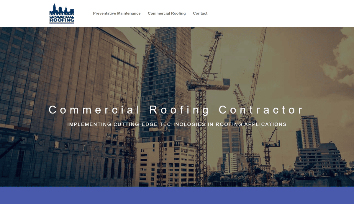 A cityscape with tall buildings and construction cranes highlights a commercial roofing contractor offering advanced roofing technologies. The website header features professional website design, navigation links, and a company logo.