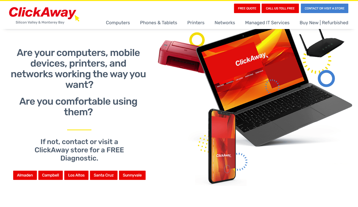 Screenshot of ClickAway’s website design for 2025, featuring a laptop, smartphone, printer, and router. The text asks if devices need computer repair and offers a free diagnostic. Navigation and location buttons are visible at the top and bottom.