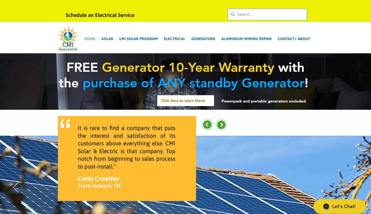 Website design for CMI Solar & Electric features a banner with a free 10-year generator warranty offer, easy navigation, testimonial, and a solar panel image—everything you need for a site that converts visitors into customers.