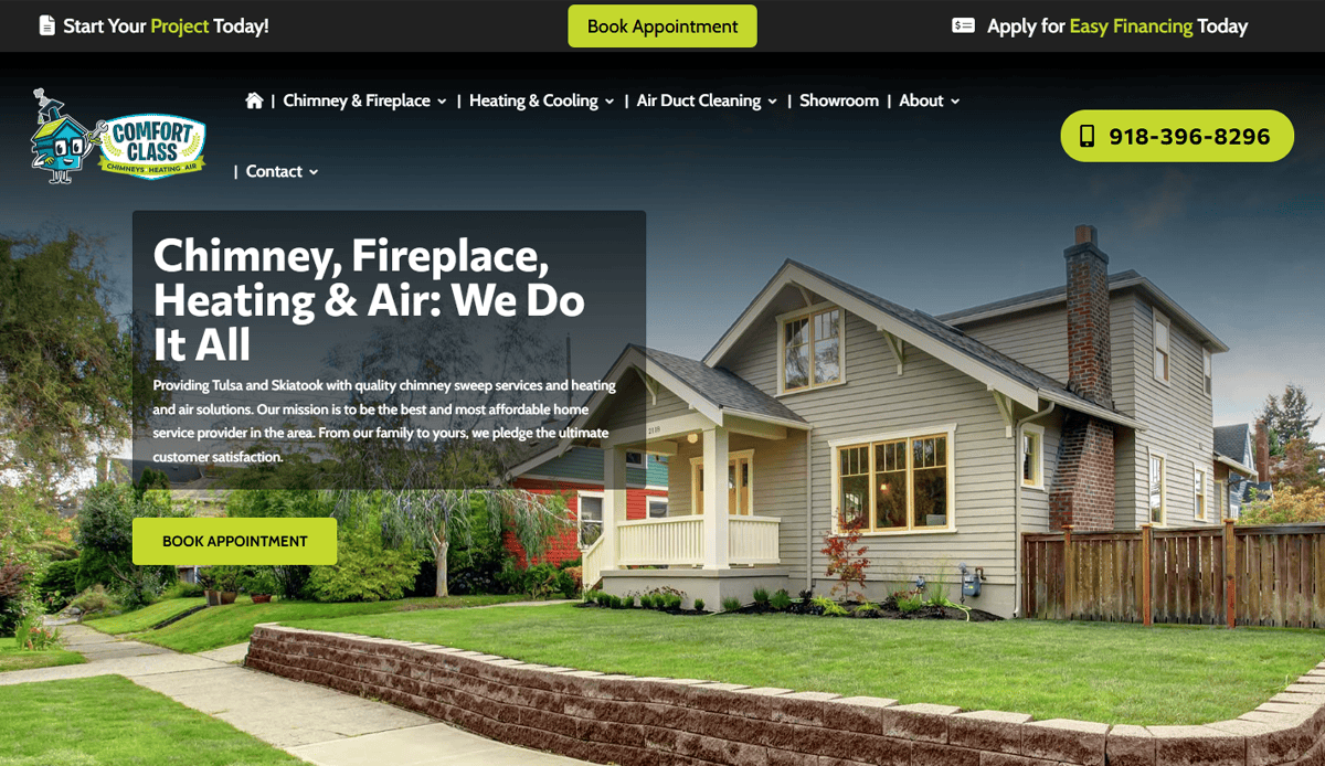 A website homepage for a home services company, designed to build trust online and attract local leads. It showcases a yellow house with porch and lawn, highlights chimney cleaner website design, services offered, Book Appointment button, and contact info.
