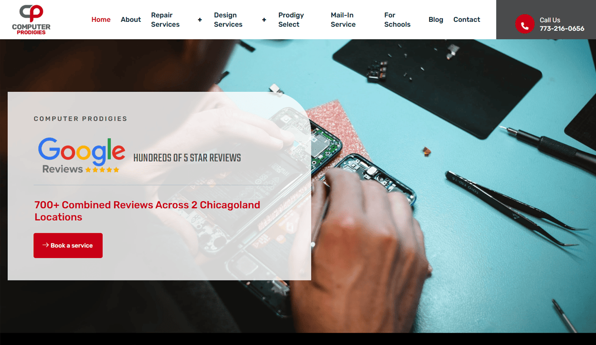 A person repairs a smartphone at a workstation with tools. An overlay promotes Computer Prodigies' 700+ Google reviews, Computer Repair services, and Chicagoland locations. The website menu, 2025 updates, and contact number are visible.