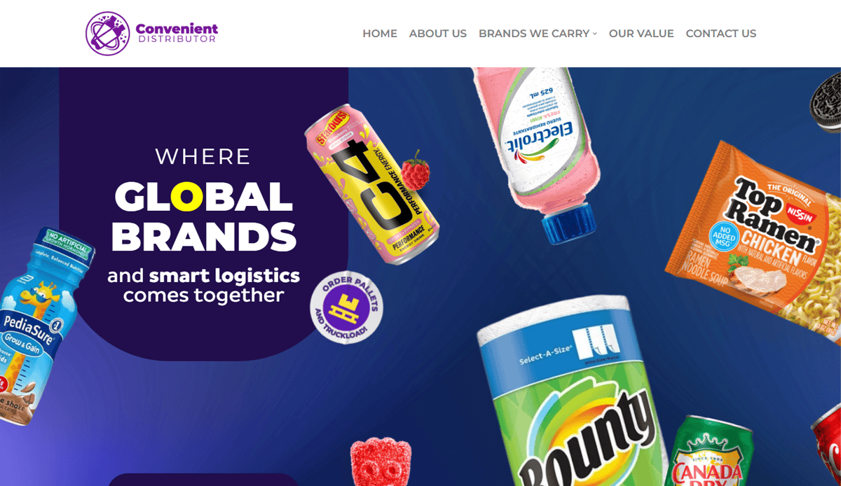 A beverage distributor website design for Convenient Distributor, featuring images of top brands like Pediasure, Bounty, and Canada Dry, with the text “Where global brands and smart logistics comes together” to boost user engagement.