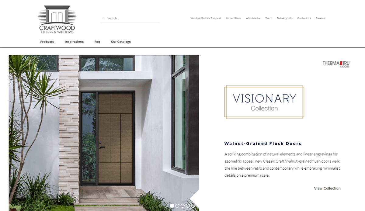 A modern front entryway features a walnut-grained flush door with glass panels, set in a white and stone exterior—the perfect inspiration for any Website Design for Carpenters. The page displays the Craftwood Doors & Windows logo and highlights the Visionary Collection.