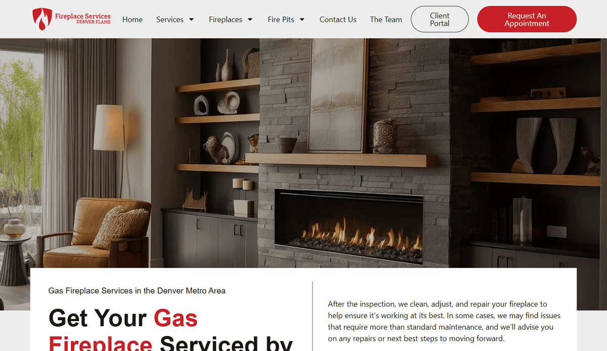 A modern living room with a stone fireplace, built-in shelves, a brown armchair, and large windows is featured on this chimney cleaner website design—perfect to build trust online and attract local leads. Menu and contact buttons are easy to find at the top.