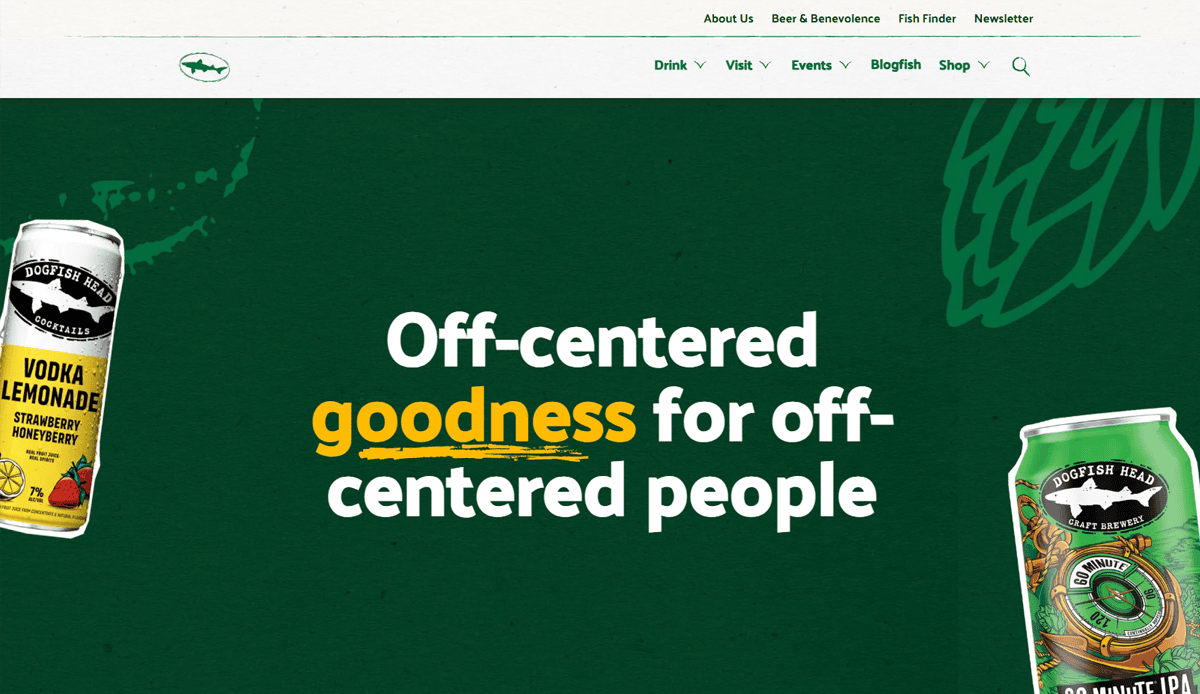 Dogfish Head’s homepage showcases Brewery Website Design trends with the slogan "Off-centered goodness for off-centered people" on a green background, featuring two vibrant beverage cans at the edges.
