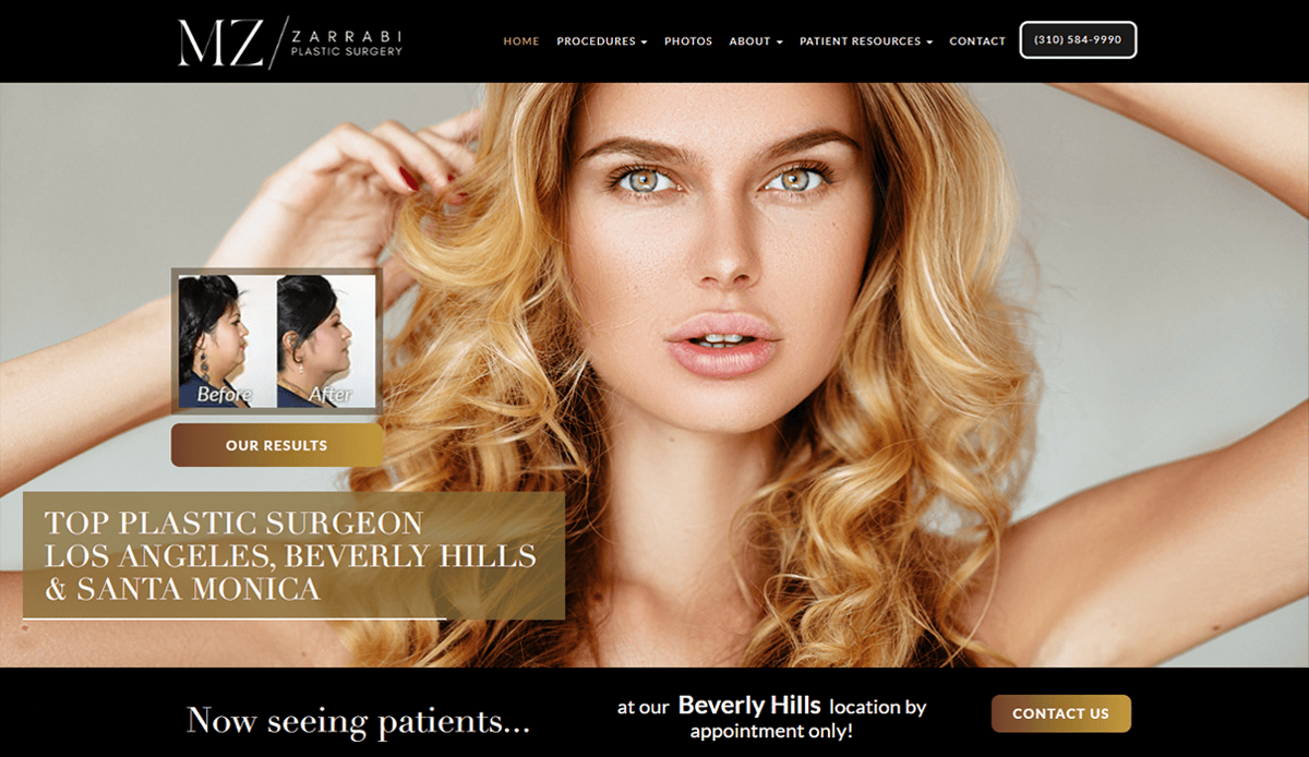 A woman with long blonde hair poses, touching her hair, on a cosmetic surgery website design. The site advertises a top surgeon in Los Angeles and Beverly Hills, featuring a before-and-after patient profile to help convert patients.