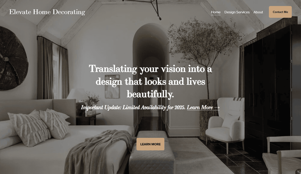 A modern, neutral-toned bedroom with a bed, pillows, side tables, and a large black wardrobe basking in natural light—overlaid with text about home decorating services for carpenters and limited website design availability for 2023.