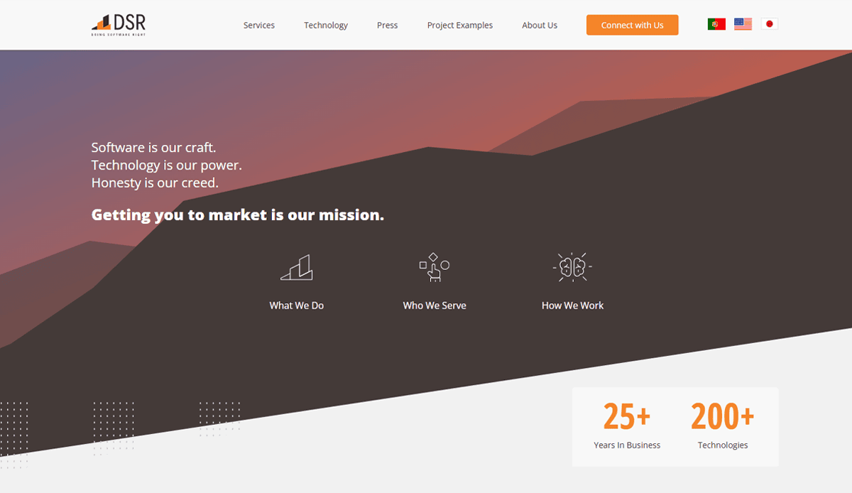 Website homepage for DSR, a software company. The screen shows the logo, menu, and tagline: Getting you to market is our mission. Icons for services, clients, workflow—including website design—plus 25+ years’ experience and 200+ technologies. Ready for 2025.