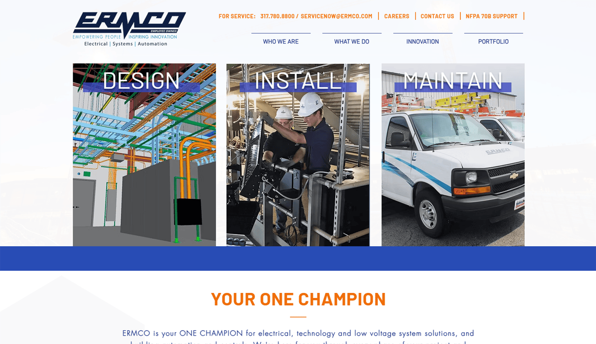ERMCO website homepage features three sections: “Design” with colorful electrical conduit, “Install” highlighting a commercial electrician at work, and “Maintain” with a company service van—all in a site that converts visitors into customers.