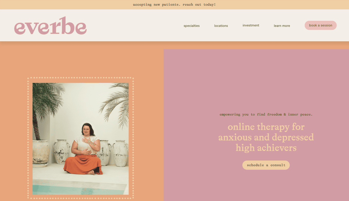 A client-centered psychotherapist website design, Everbe’s homepage offers online therapy for anxious and depressed high achievers. A woman in an orange skirt sits cross-legged amid plants, with peach-pink tones and a book a session button.