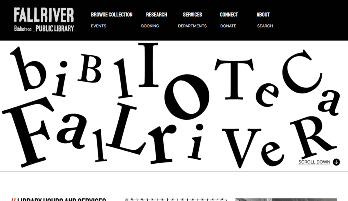 Screenshot of the Fall River Public Library website featuring hours, services, events, announcements, and photos of the library’s interior and exterior. Bold headings, monochrome images, and clear calls to action for visiting or subscribing.