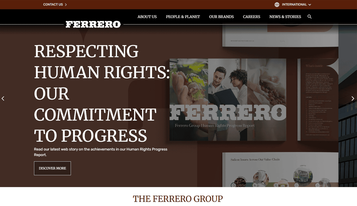 Screenshot of the Ferrero candy website design homepage featuring a banner that reads “Respecting Human Rights: Our Commitment to Progress” alongside images of diverse people, highlighting their strong online presence with navigation and menu items at the top.